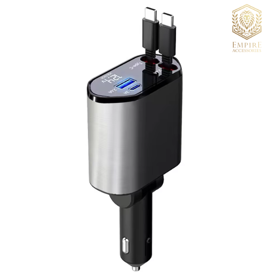 Empire Accessories ChargeMaster 4-in-1 Retractable Car Charger – 120W Super Fast Charging Solution for iPhone Samsung & Android