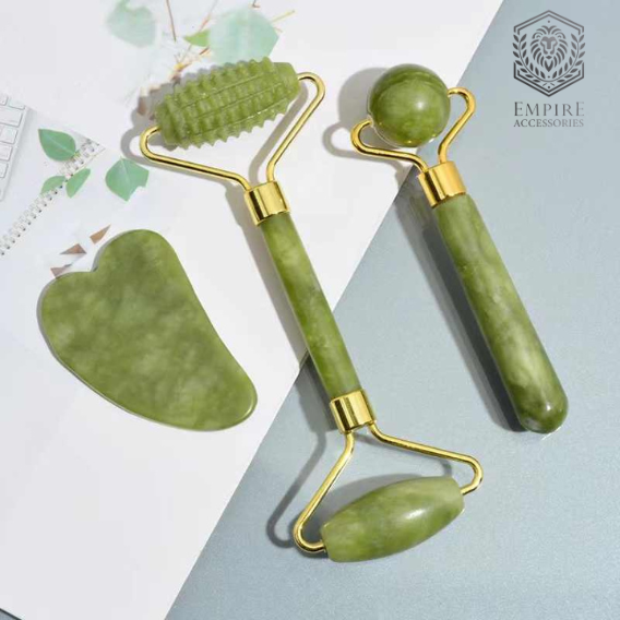 Empire Accessories 3-in-1 Premium Jade Facial Roller and Gua Sha Massage Tool Set – Natural Stone Skincare Kit for Anti-Aging, Puffiness & Lymphatic Drainage