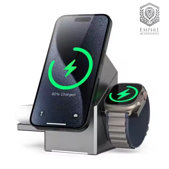 Empire Accessories 3-in-1 Foldable Magnetic Wireless Charger Station with Fast Charging, Portable Design, Compatible with Phones, Earbuds, and Smartwatches