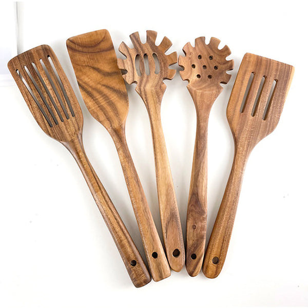 Wooden Spoons for Cooking 5-Piece Bamboo Utensil Set Apartment Essentials Wood Spatula Spoon Nonstick Kitchen Utensil Set